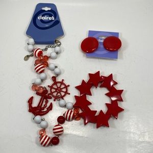 Red & white plastic bead necklace anchor star stretch bracelet stud earrings